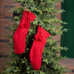 Glitzhome® 24" Red Knitted Polyester Christmas Stocking With Pom Pom, 2ct. -Northlight Decor Store D479603S 3