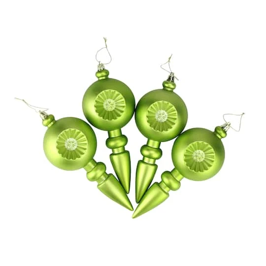 4ct. 7.5" Matte Green Kiwi Retro Reflector Shatterproof Christmas Finial Ornaments 3 4ct. 7.5" Matte Green Kiwi Retro Reflector Shatterproof Christmas Finial Ornaments - Image 3