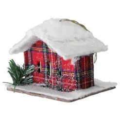 Northlight 4.5" Frosted & Glittered Red & White Plaid Snow Covered Cabin Christmas Ornament