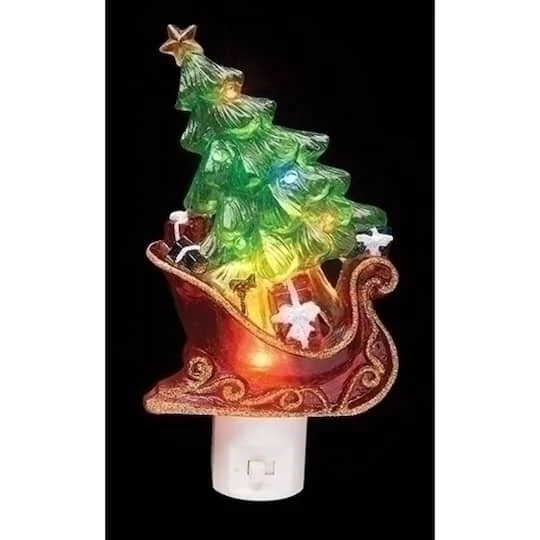 Roman 7.5" Green & Red Sleigh With Christmas Tree LED Night Light 2 Roman 7.5" Green & Red Sleigh With Christmas Tree LED Night Light - Image 2