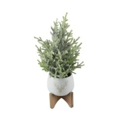 16" Unlit Frosted Artificial Christmas Tree In Staghead Ceramic Pot On Wood Stand