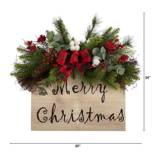 20" Holiday Merry Christmas Door Wall Hanger With Pinecones & Berries 3 20" Holiday Merry Christmas Door Wall Hanger With Pinecones & Berries - Image 3