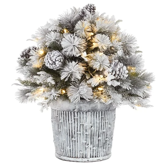 22" Pre-Lit Flocked Chiwawa Basin Pine Tree With Pinecones In Gray Pot, Clear LED Lights 1 22" Pre-Lit Flocked Chiwawa Basin Pine Tree With Pinecones In Gray Pot, Clear LED Lights