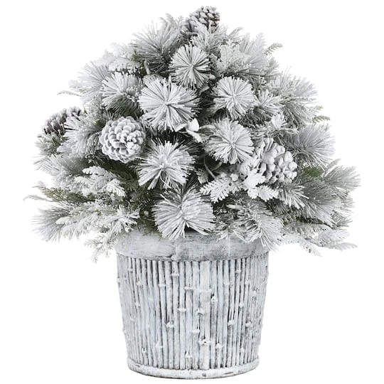 22" Pre-Lit Flocked Chiwawa Basin Pine Tree With Pinecones In Gray Pot, Clear LED Lights 6 22" Pre-Lit Flocked Chiwawa Basin Pine Tree With Pinecones In Gray Pot, Clear LED Lights - Image 6