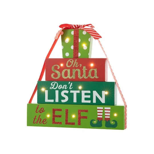 Glitzhome® 12" Lighted Wooden Christmas Gift Block Table Décor 2 Glitzhome® 12" Lighted Wooden Christmas Gift Block Table Décor - Image 2
