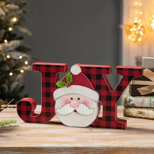 Glitzhome® 11.75'' JOY Wooden Christmas Plaid Table Décor 3 Glitzhome® 11.75'' JOY Wooden Christmas Plaid Table Décor - Image 3