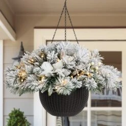 Glitzhome® 24'' Pre-Lit Snow Flocked Christmas Artificial Pine Poinsettia Hanging Baskets, 2ct. -Northlight Decor Store D652356S 4