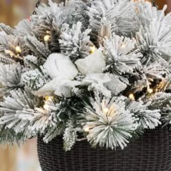 Glitzhome® 24'' Pre-Lit Snow Flocked Christmas Artificial Pine Poinsettia Hanging Baskets, 2ct. -Northlight Decor Store D652356S 6