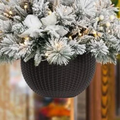Glitzhome® 24'' Pre-Lit Snow Flocked Christmas Artificial Pine Poinsettia Hanging Baskets, 2ct. -Northlight Decor Store D652356S 7