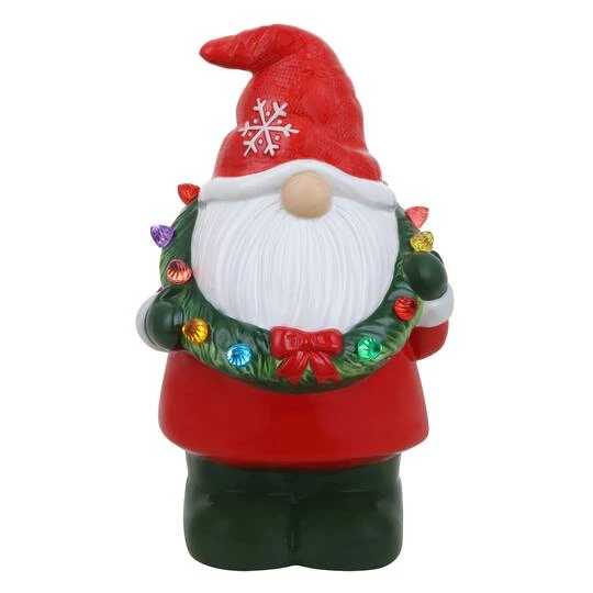 12" Nostalgic Ceramic Gnome Figure With LED Wreath 1 12" Nostalgic Ceramic Gnome Figure With LED Wreath