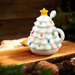White Lidded Nostalgic Tree Mug With Spoon -Northlight Decor Store D657893S 3