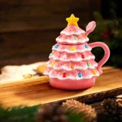 Pink Lidded Nostalgic Tree Mug With Spoon -Northlight Decor Store D657894S 3